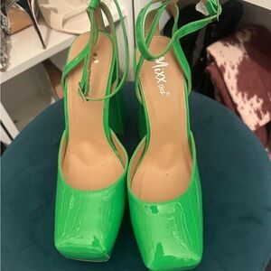 Mixx Shuz Neon Green Patent Block Heel Sandals with Ankle Strap